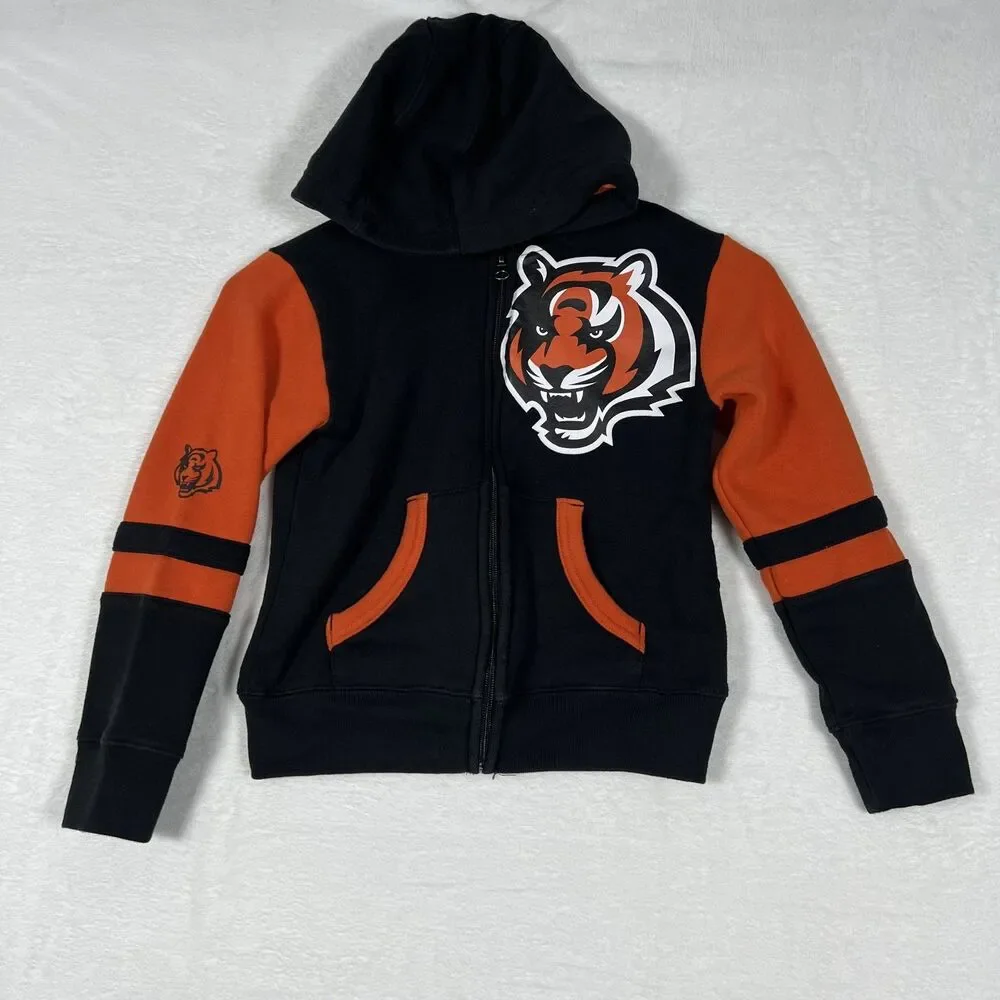 NFL Team Apparel Cincinnati Bengals Kids Full Zip Hoodie Black Orange Medium 5/6
